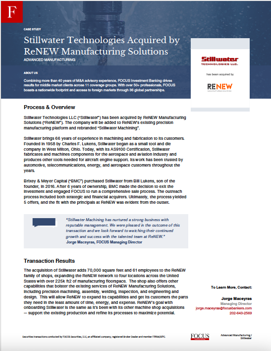 Read about how ReNEW Manufacturing Solutions acquired Stillwater Technologies.