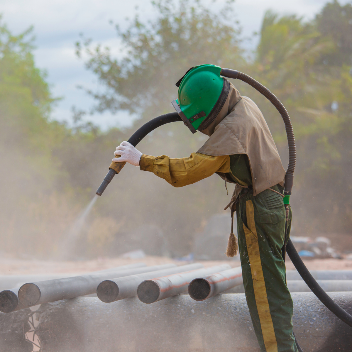 Worker sandblasting metal parts outside of ReNEW manufacturing facility
